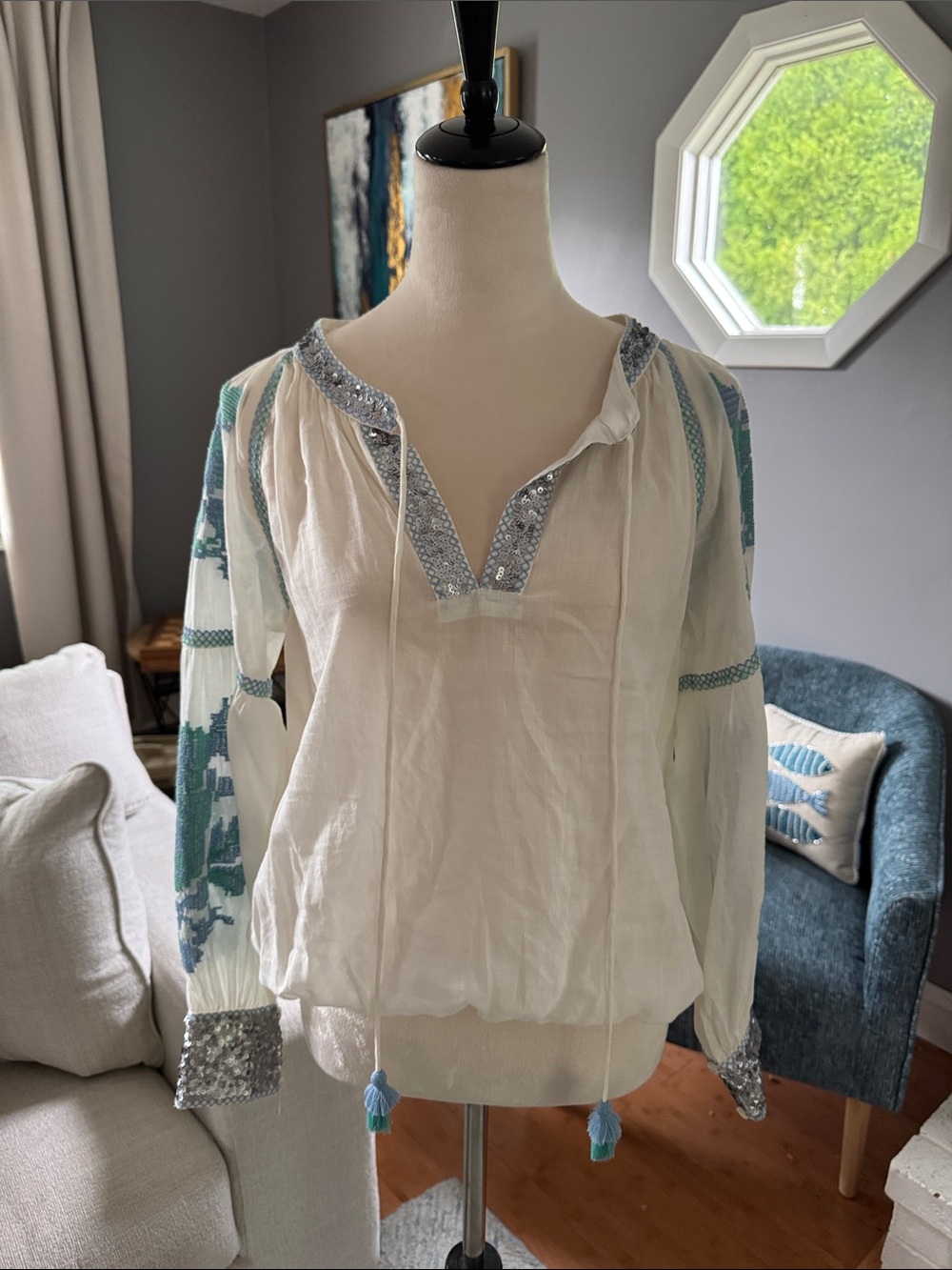Boutique Embroidered White Blouse with Blue Accents and Sequins